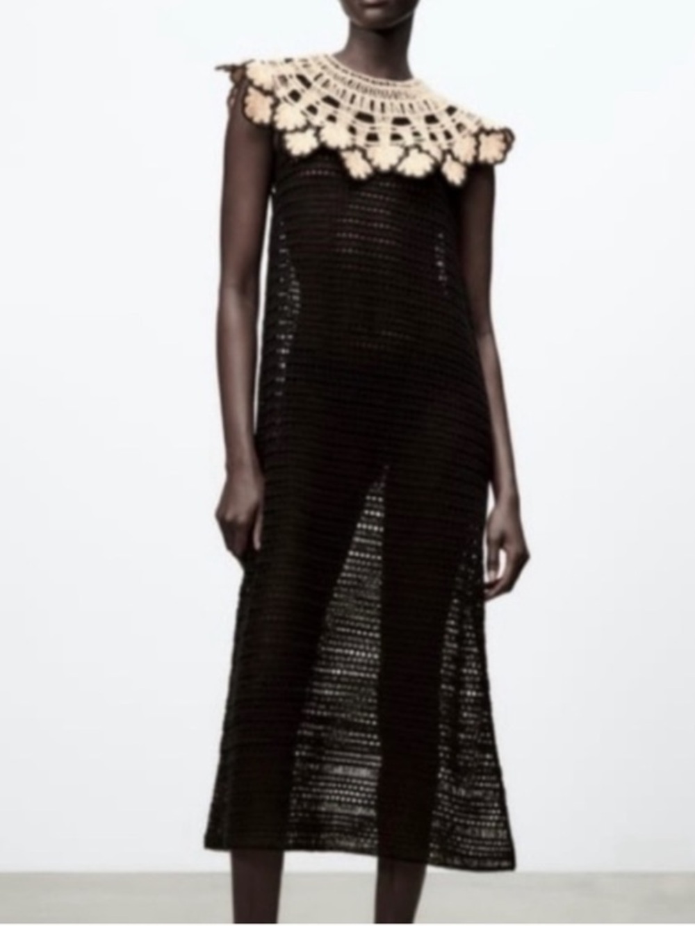 ZARA Black Ecru Crochet Floral Bib Dress